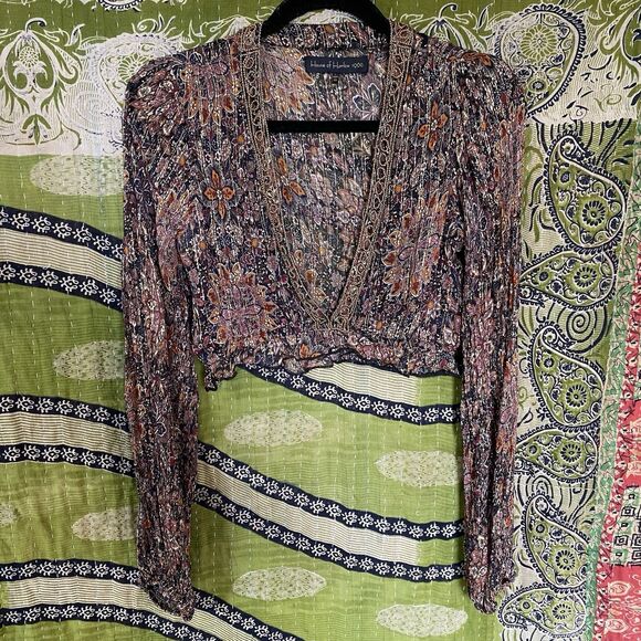 House of Harlow x Revolve Rust Floral Marella Metallic Cropped Blouse Size Small - Picture 2 of 16